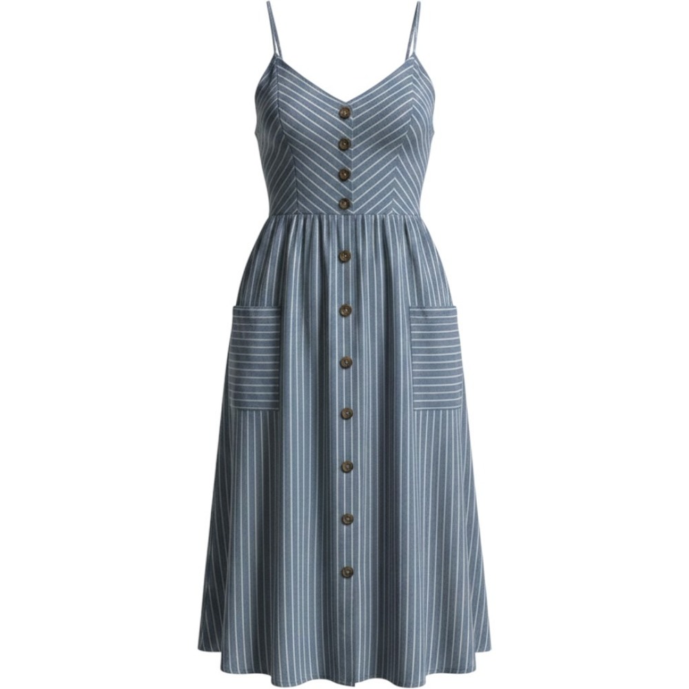Blue Striped Cami Smocked Sundress Pockets Midi Dress S Button Front 100% Cotton